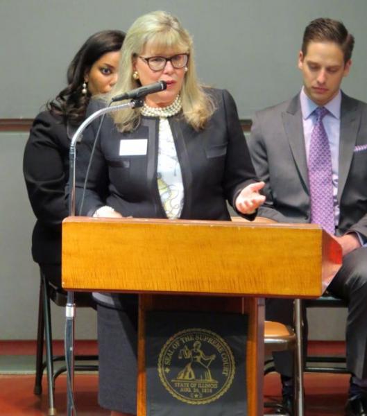 ISBA President Paula H. Holderman addresses the new admittees at the 1st District Admission ceremony Thursday at the Thompson Center.