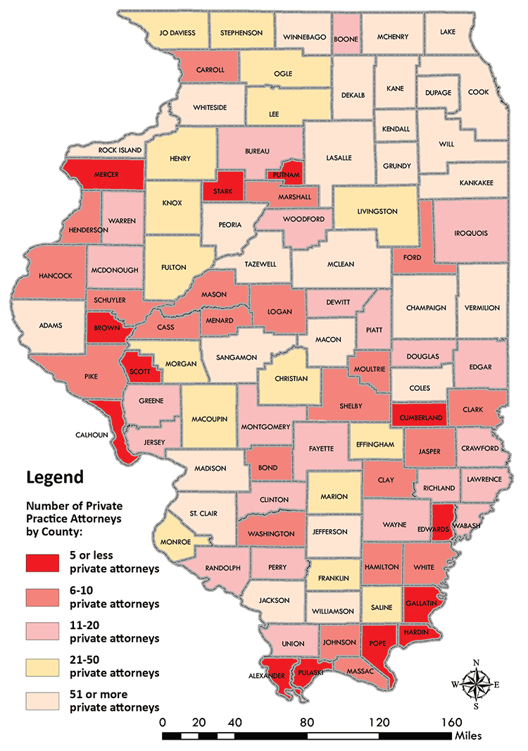 Number of Private Practice Attorneys in Illinois by County