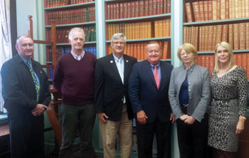  ISBA member Hon. Martin J. Mengarelli of the Third Judicial Circuit, Irish Supreme Court Justice Peter Charleton, ISBA member Hon. Michael P. McCuskey of the Illinois 10th Judicial Circuit, ISBA President Hartigan, Irish Supreme Court Justice Elizabeth Dunne, and ISBA member and Oak Brook lawyer Margaret A. Bennett.