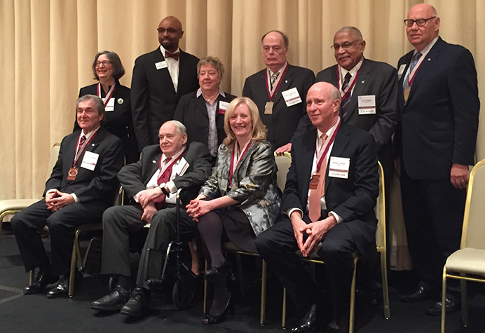 March 30, 2017 ISBA Laureate Awards: Top Left: Patricia Bronte, Vince Cornelius, Mary Ann Hatch (IL Academy of Lawyers Board of Regents), Nicholas Motherway, Larry Rogers, Hon. James Holderman (ret). Bottom Left: Joseph Gagliardo, Marshall Hartman, Lori Levin, Michael Reagan. 